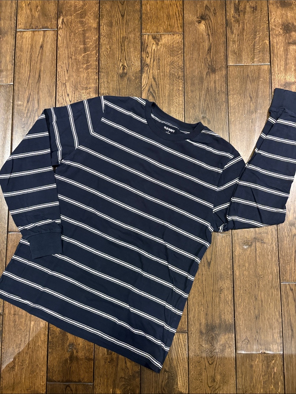 Old Navy Navy and White Striped Long-Sleeve Crewneck Tee